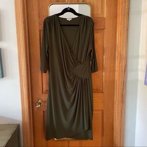 Olive Green Faux Wrap Knit Dress